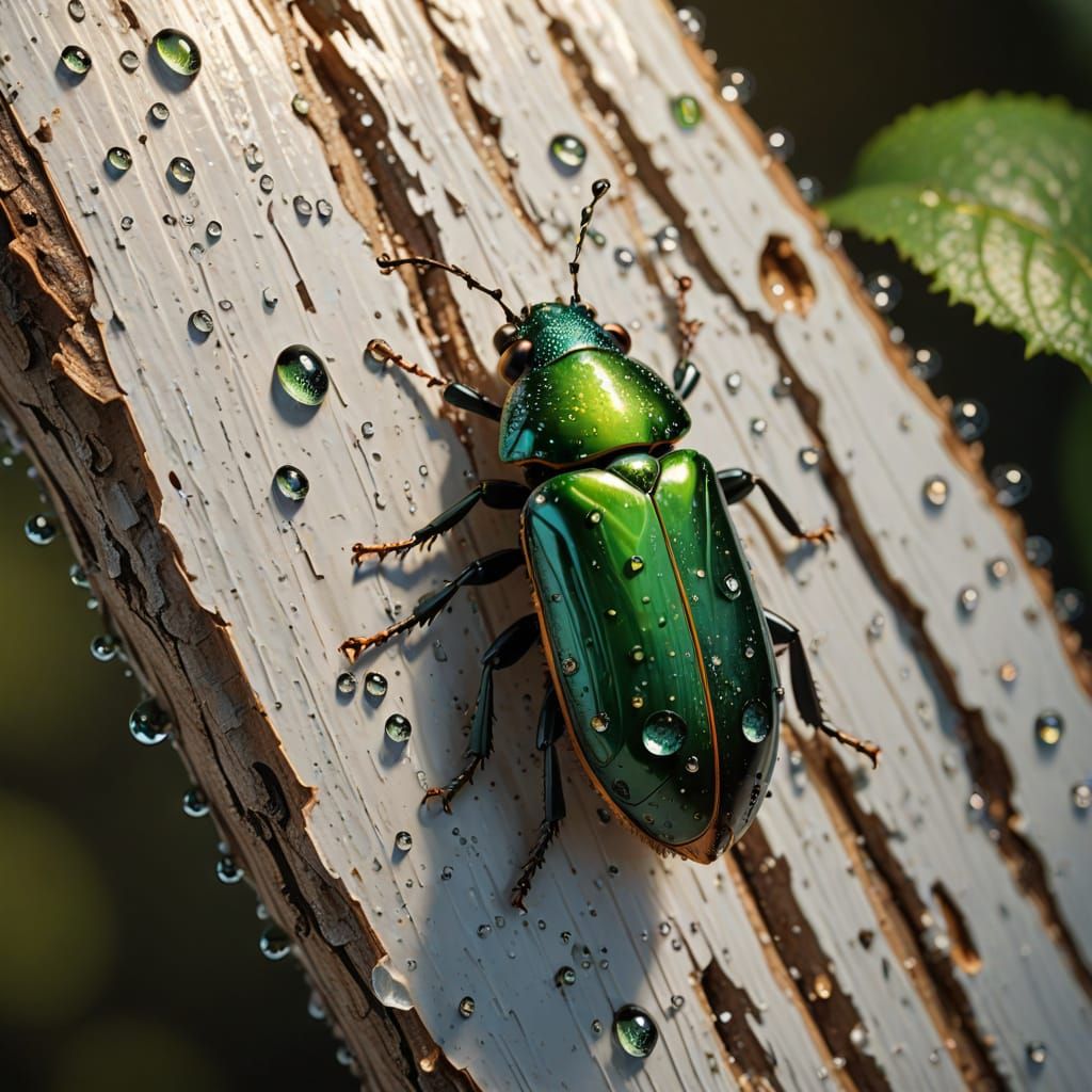  A dogbane beetle (Chrysochus auratus) rests on a single piece of white birchbark  by @Anonymous camera