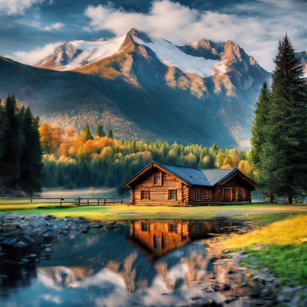 A log cabin in the mountains, HDR, beautifully shot, hyperrealistic, sharp focus, 64 megapixels, perfect composition, high contrast, cinemat...