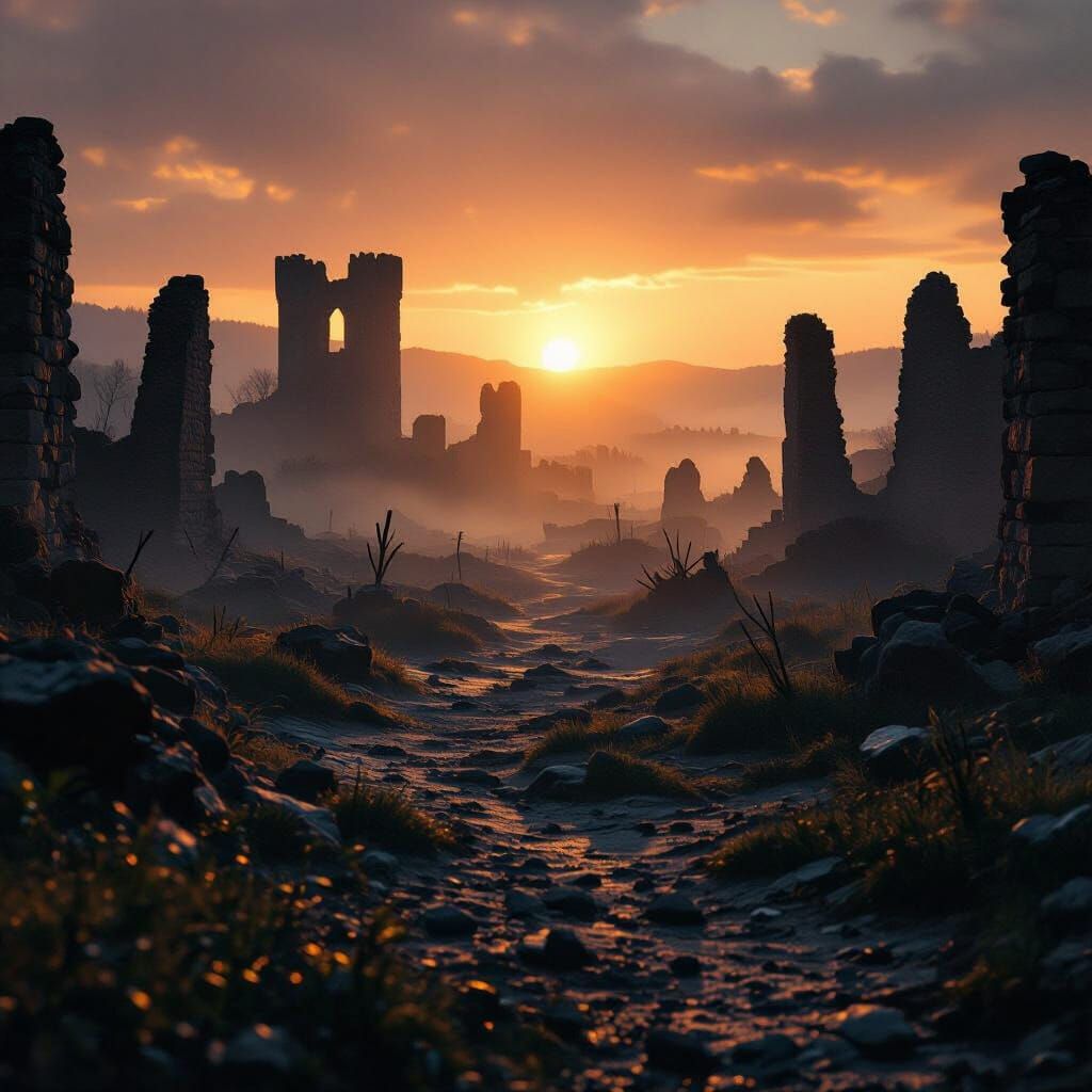 Hyperrealistic picture of amisty  medieval battlefield at sunset. Some ruins in the background. With a low angle of the camera