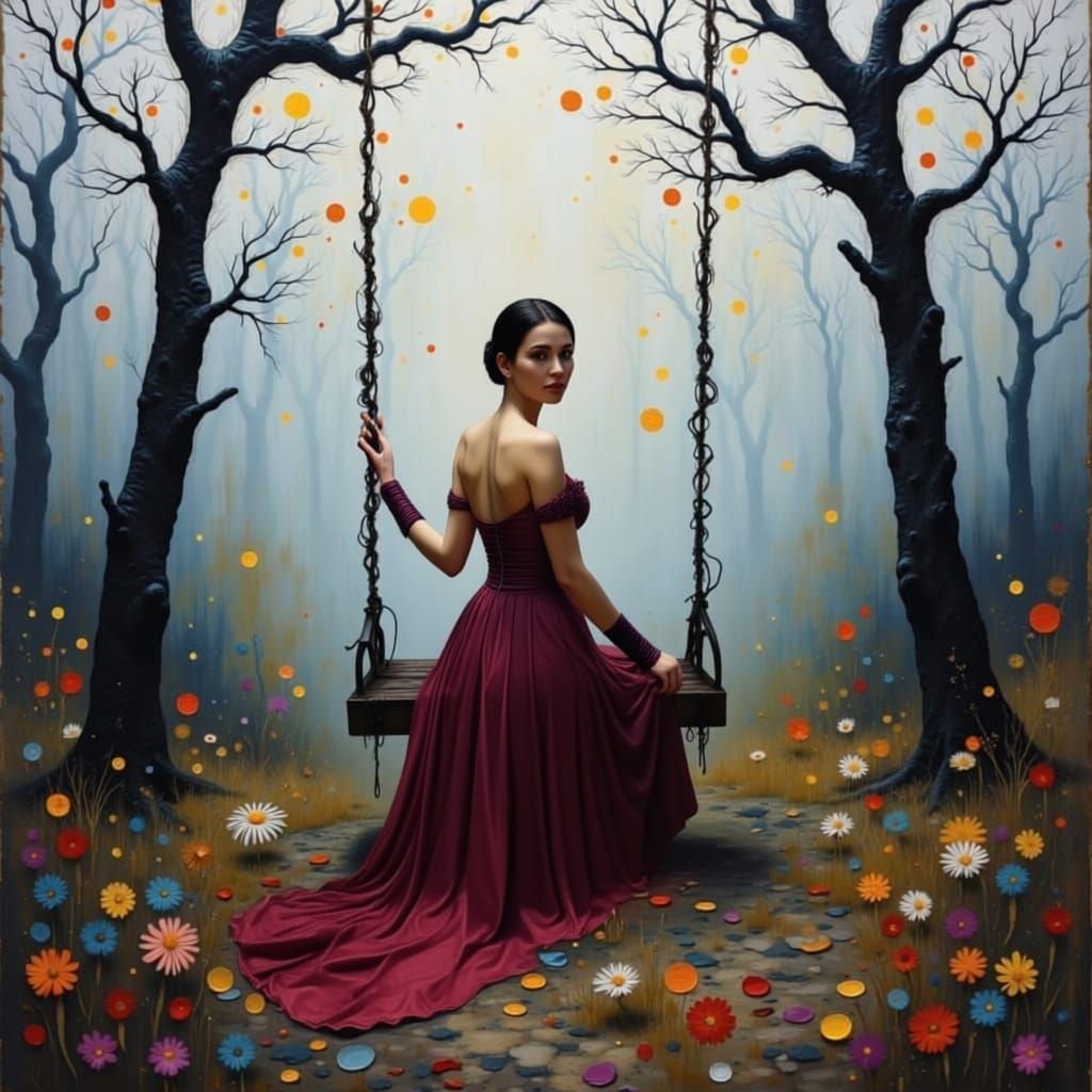Woman in Red Dress on Swing in Ethereal Landscape