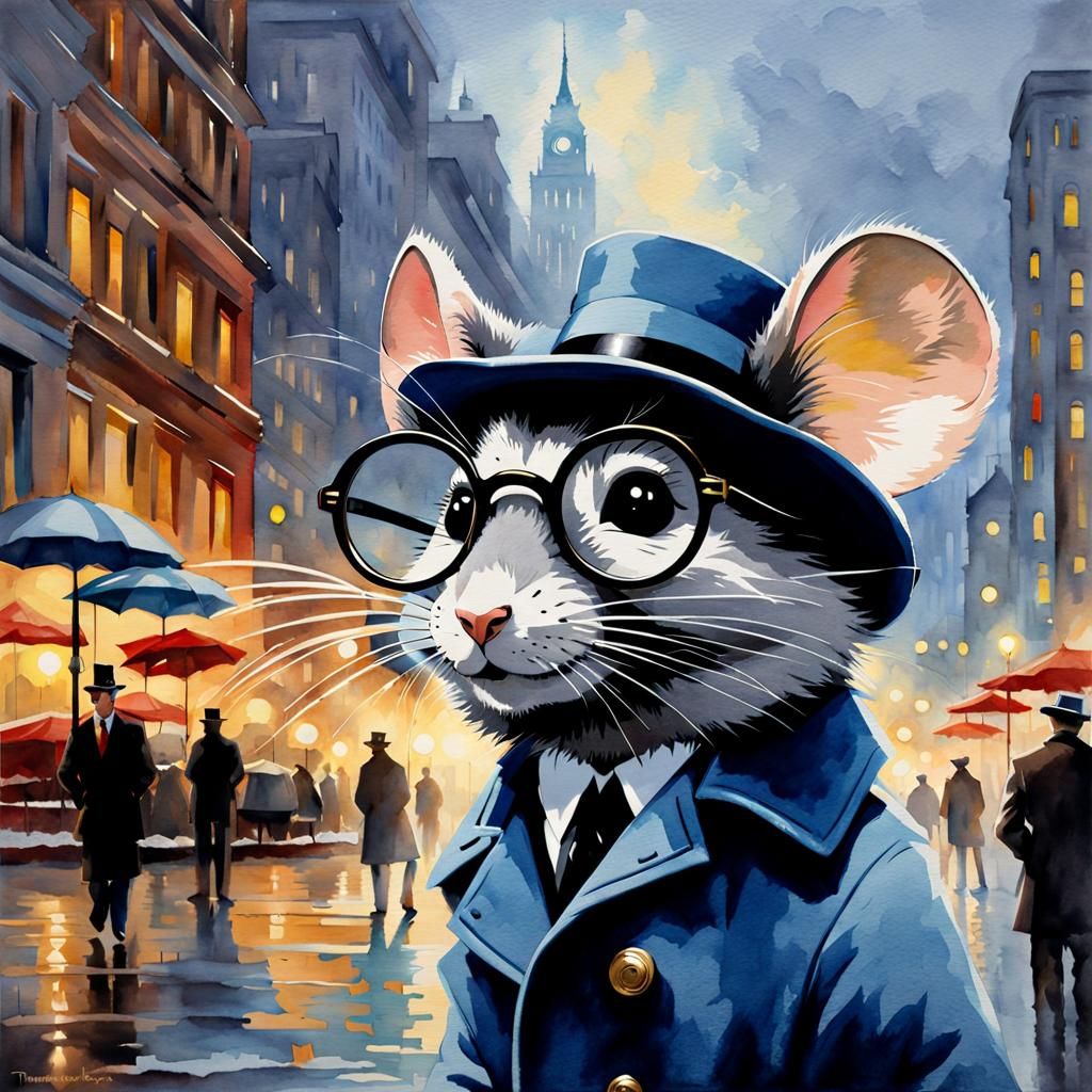 A watercolor mouse with gray fur wearing glasses and a blue trench coat, splash art, Film noir city background, ...  by @Sparkfire
