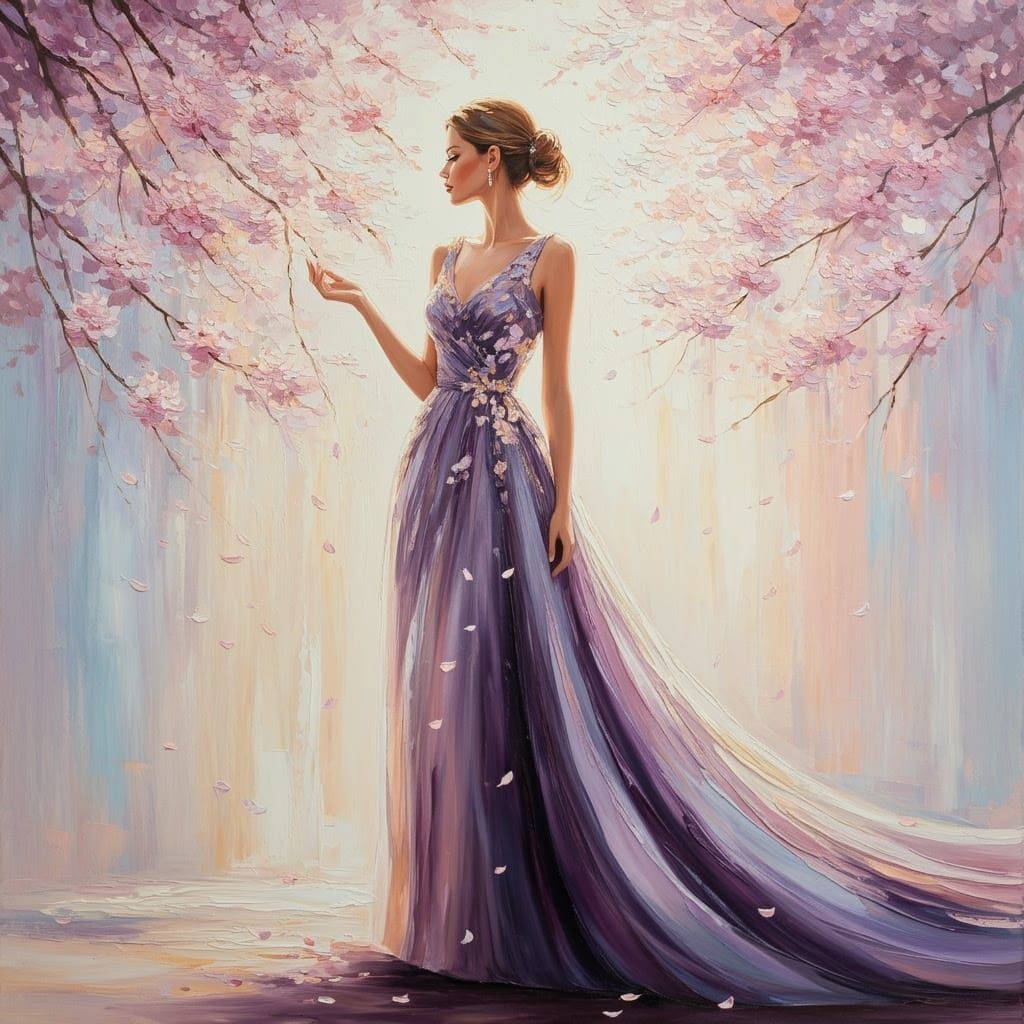 Oil painting of elegant woman admiring cherry blossoms  by @VolcanoKatze