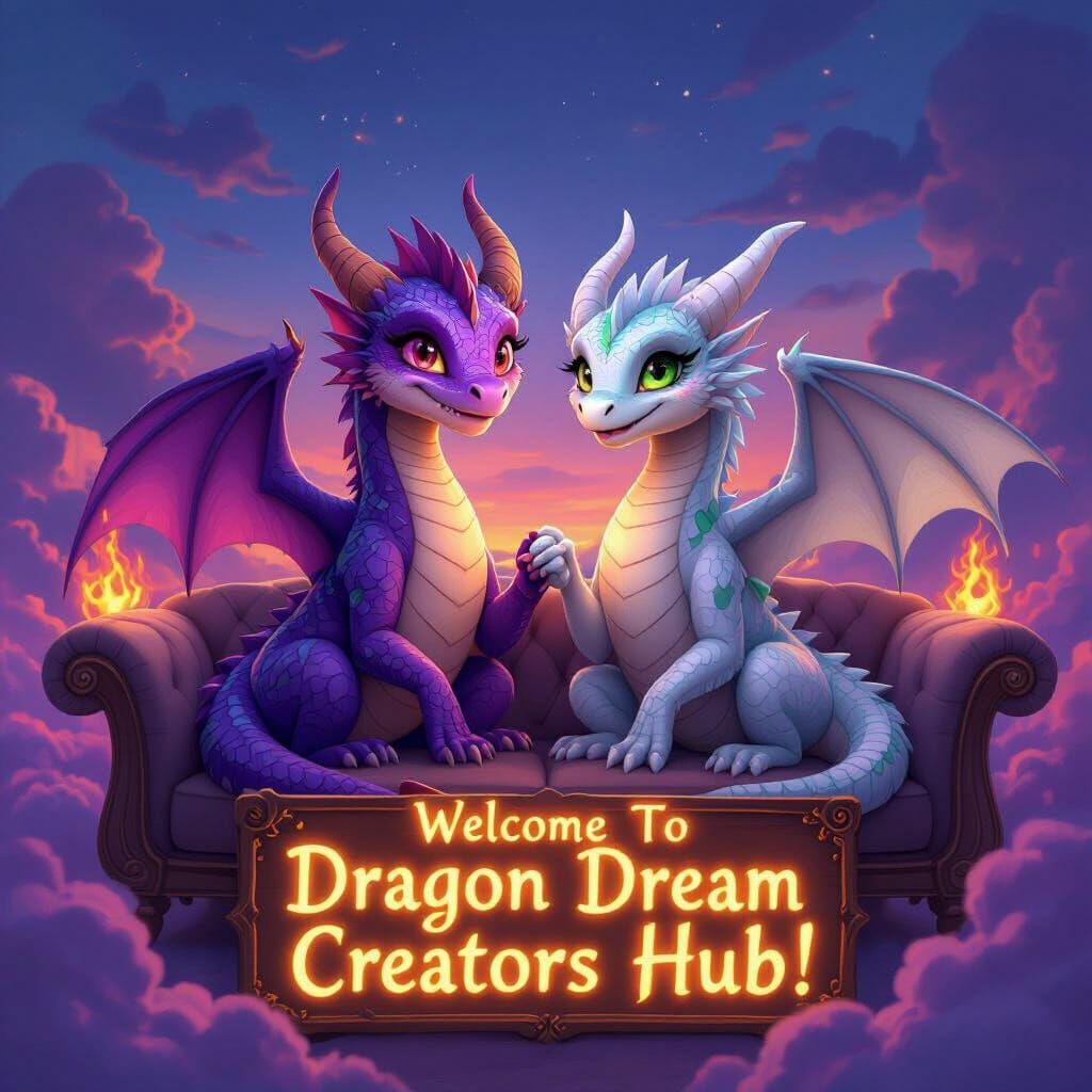 A purple with emerald accent coloured adult female dragon with matching glossy glowing scales and wings, matching eyes and big eyelashes sta...