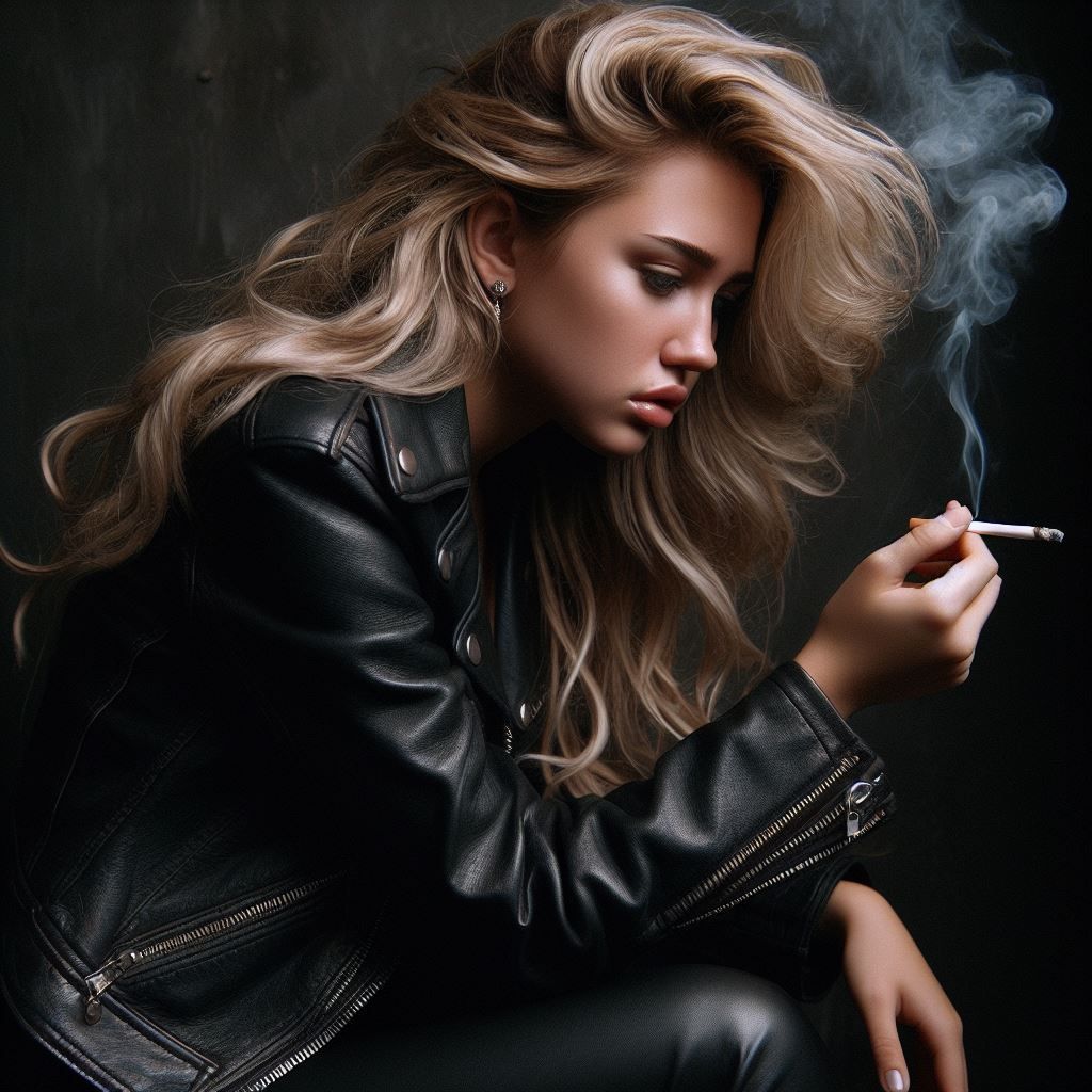 Miley Cyrus as Hannah Montana, leather and smoking