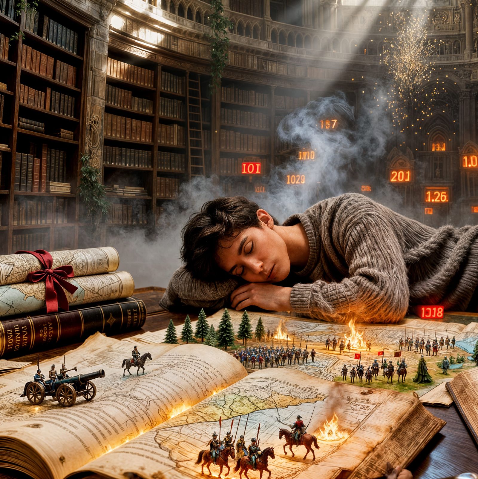 Hyper-detailed digital fantasy render of a modern student in a towering circular library chamber of an ...  by @N-Irene