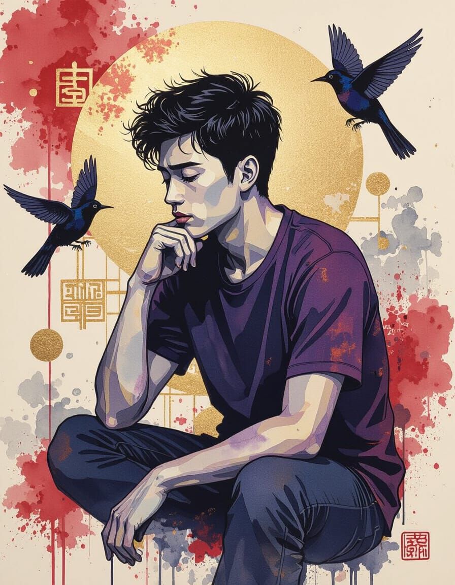 Contemplative Man with Caged Bird in Neo-Expressionist Style