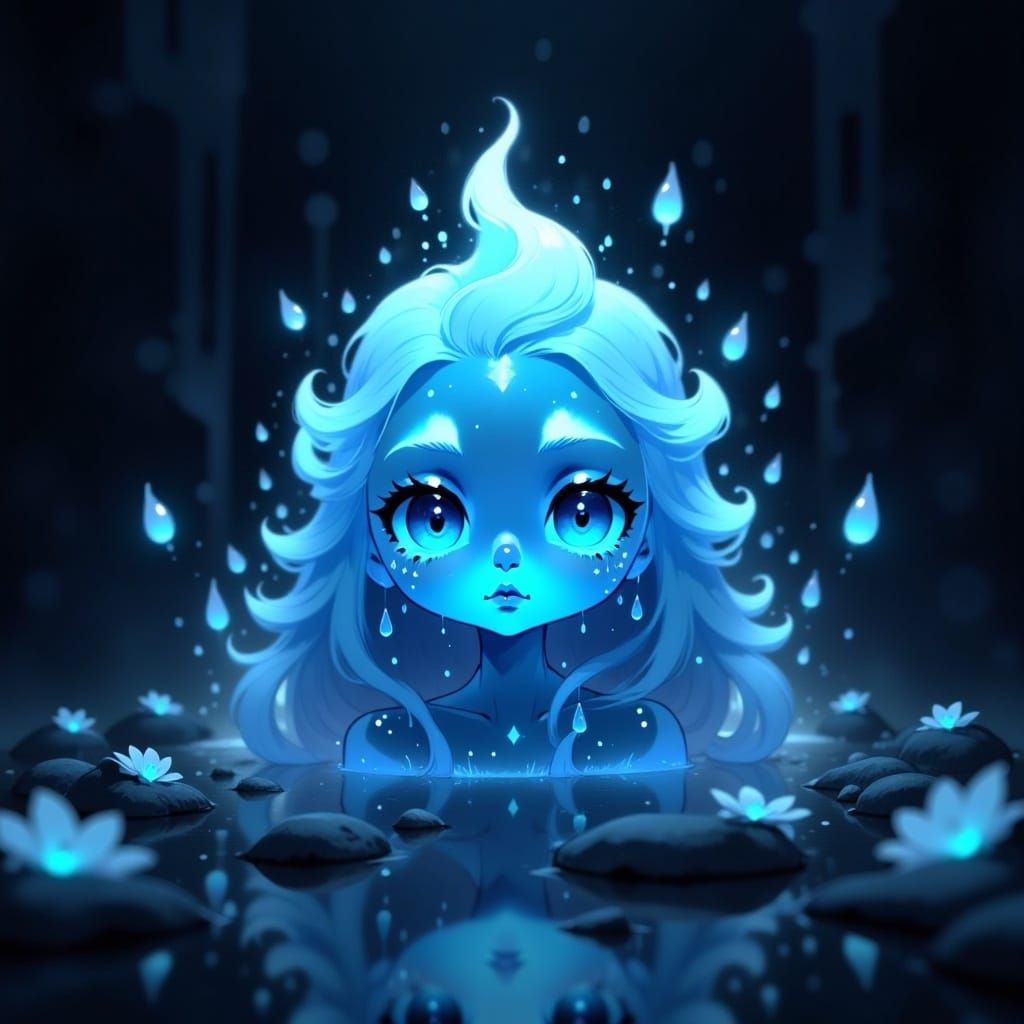 a cute light blue blob of smile with a face on it, in style of <lora:EtherealInkArchiveFx:1.0>, dark mood, moody, dark theme, masterpiece, o...