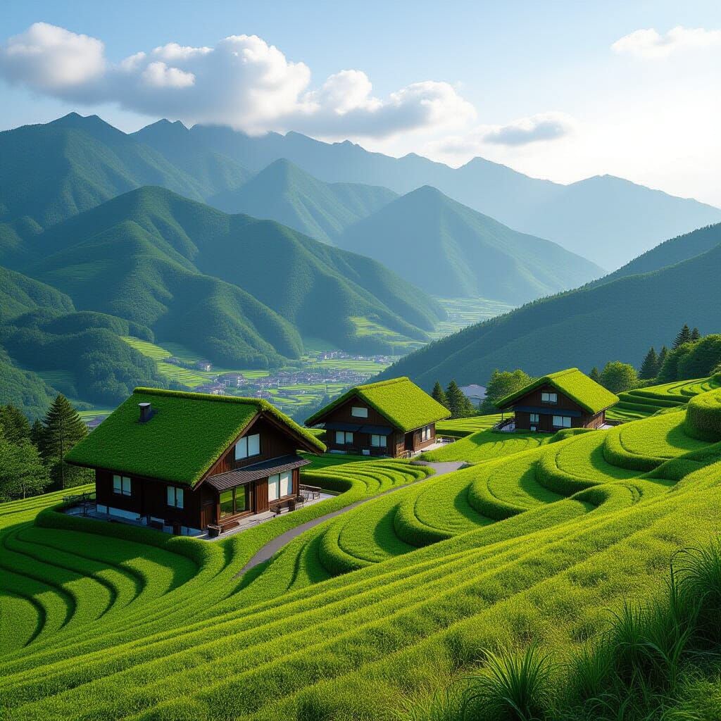 Japanese Mountain Homes Covered in Grass with Stunning Views