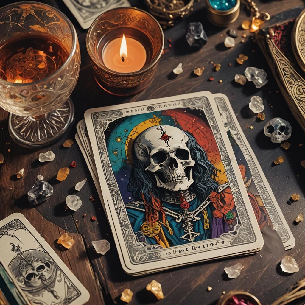 Death tarot card at top of deck sitting on a  old gypsy's ta...