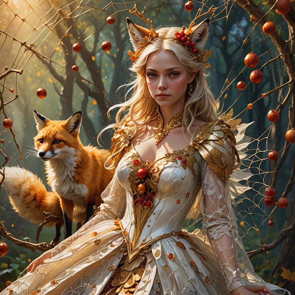 a golden fairy dressed in a white   gown that is made of spider web, scolding a red fox for stealing her golden acorns, (High Quality)