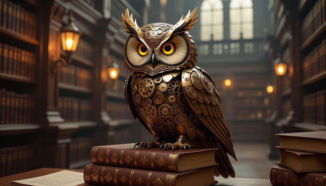 An intricate, clockwork owl perched on a stack of antique books in a dimly lit, dusty library. Gears ...  by @Virtue_Knight777