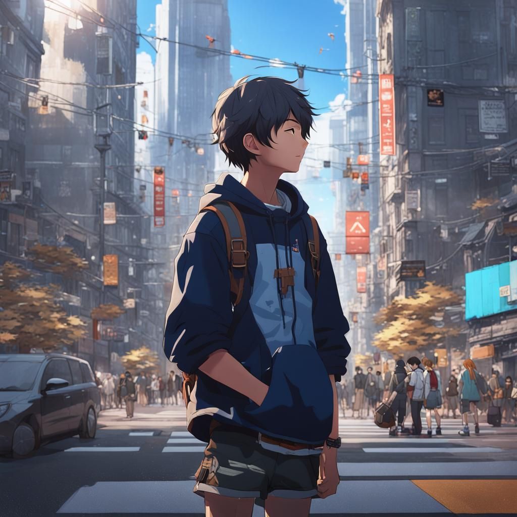 a perfect composition of a teenager in the city