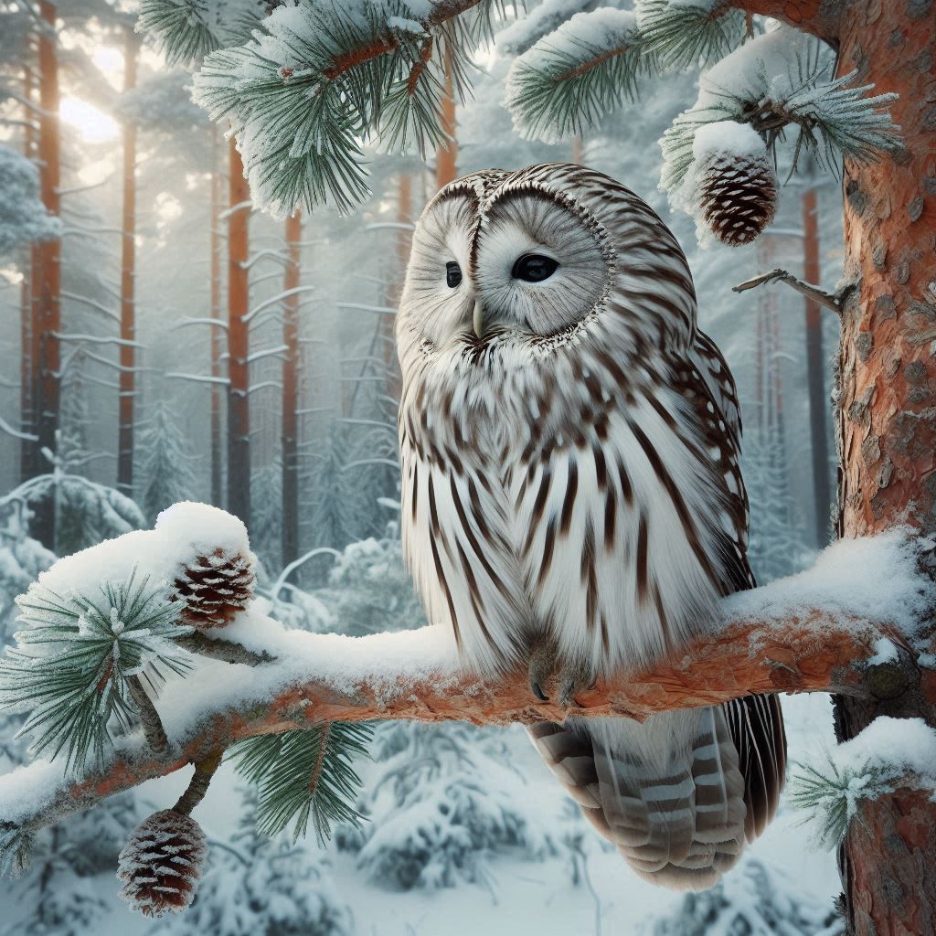 Ural owl sitting on a pine branch in a snowy forest