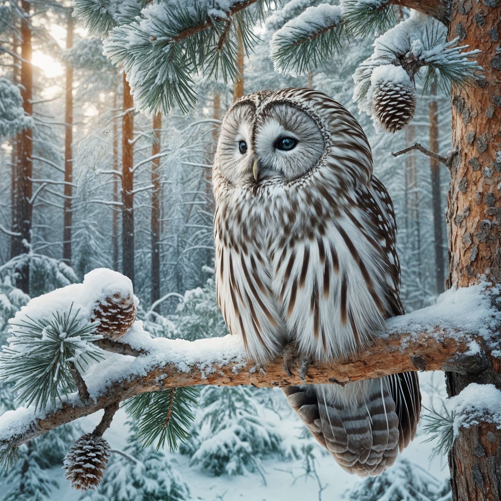 Ural owl sitting on a pine branch in a snowy forest