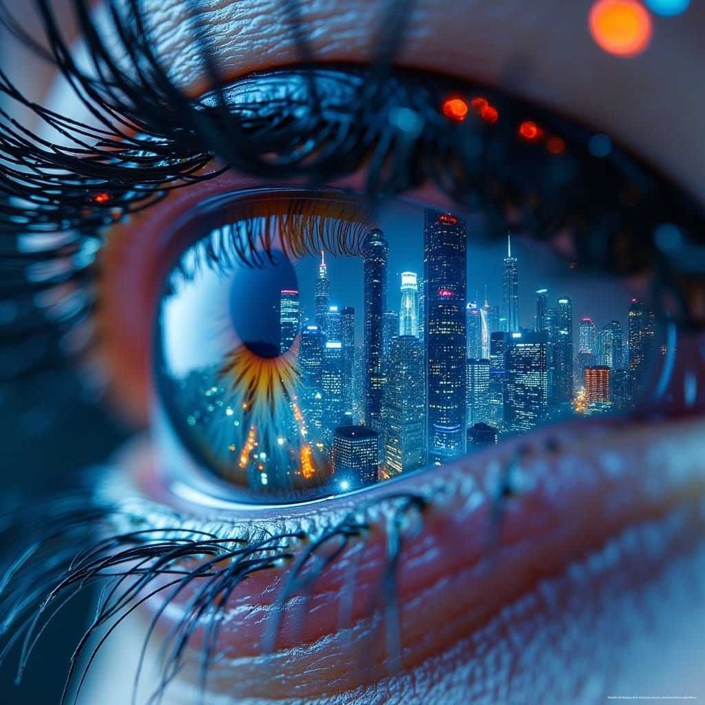 <lora:MJ6 EyeFlux:1.0> Neon Sclera: A futuristic cityscape reflected in the neon-lit sclera of a cybernetic eye, with skyscrapers reaching t...