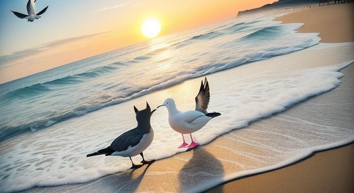 two cute black kitens playing on the beach with sand and sea...