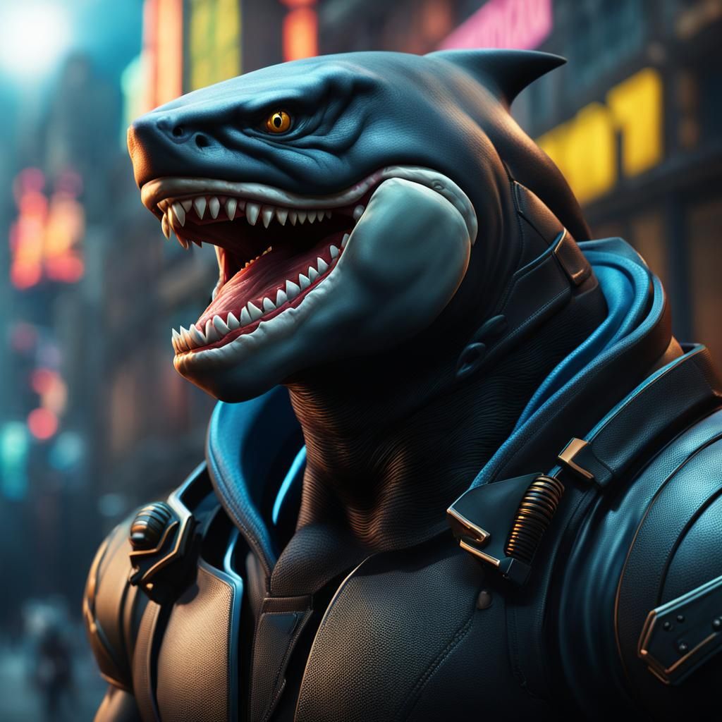 Street sharks, hyper realistic facial structure, black suit,...