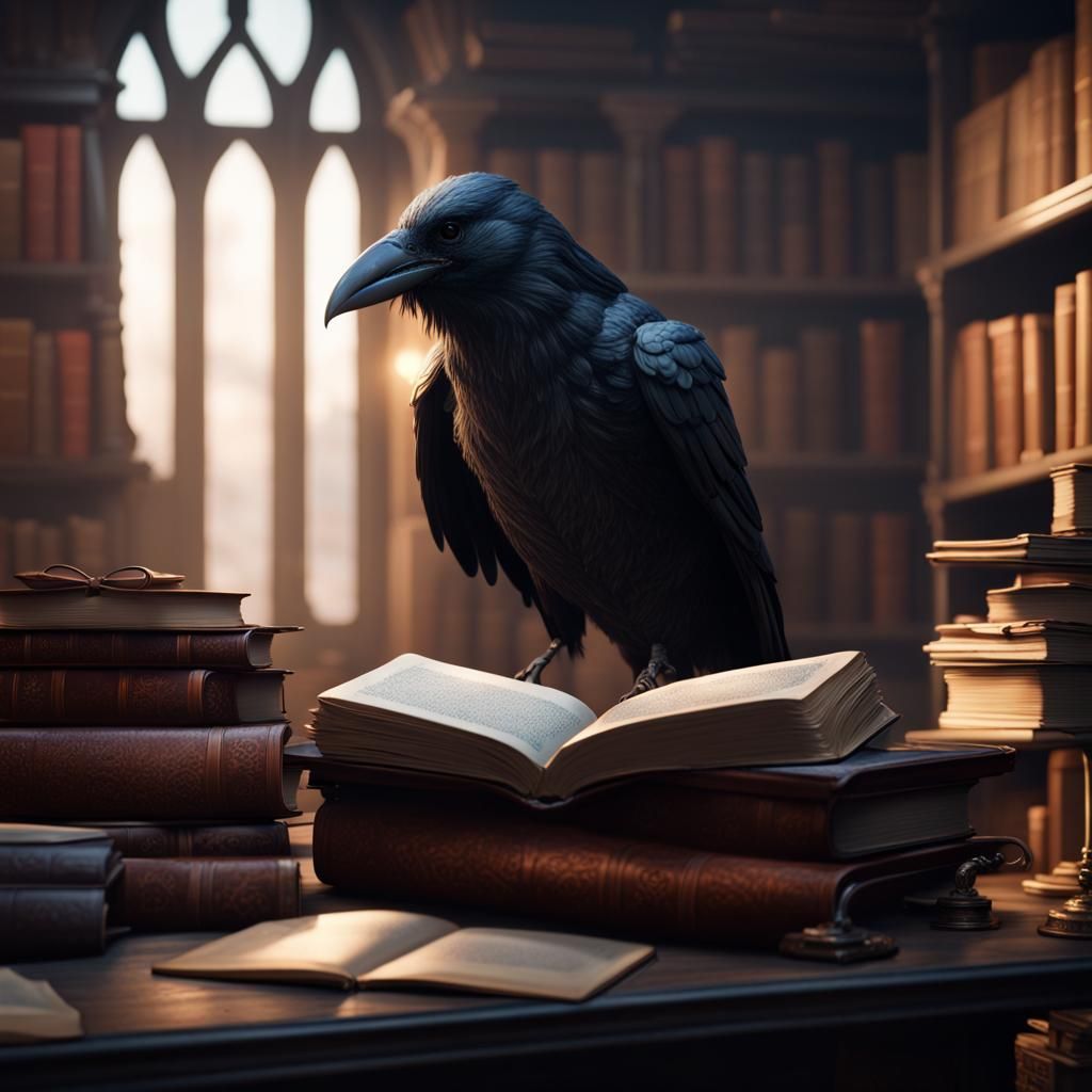 Humanoid Crow That Is Reading A Book In A Study - Ai Generated Artwork 