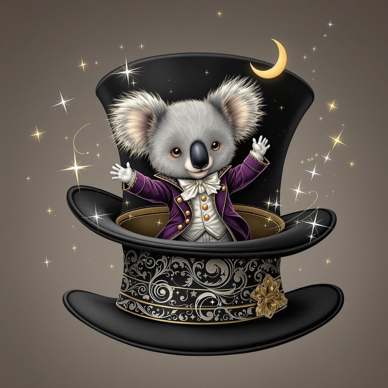 A chibi koala bear in a purple frock coat flying around insi...