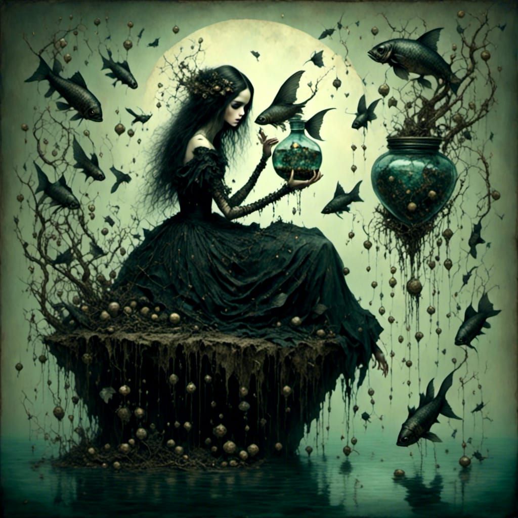 Eerie Girl and Fish: Dark Fairy Tale