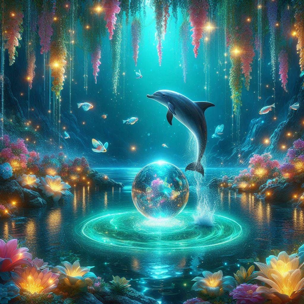 Dolphin leaping in a beautiful glowing cavern