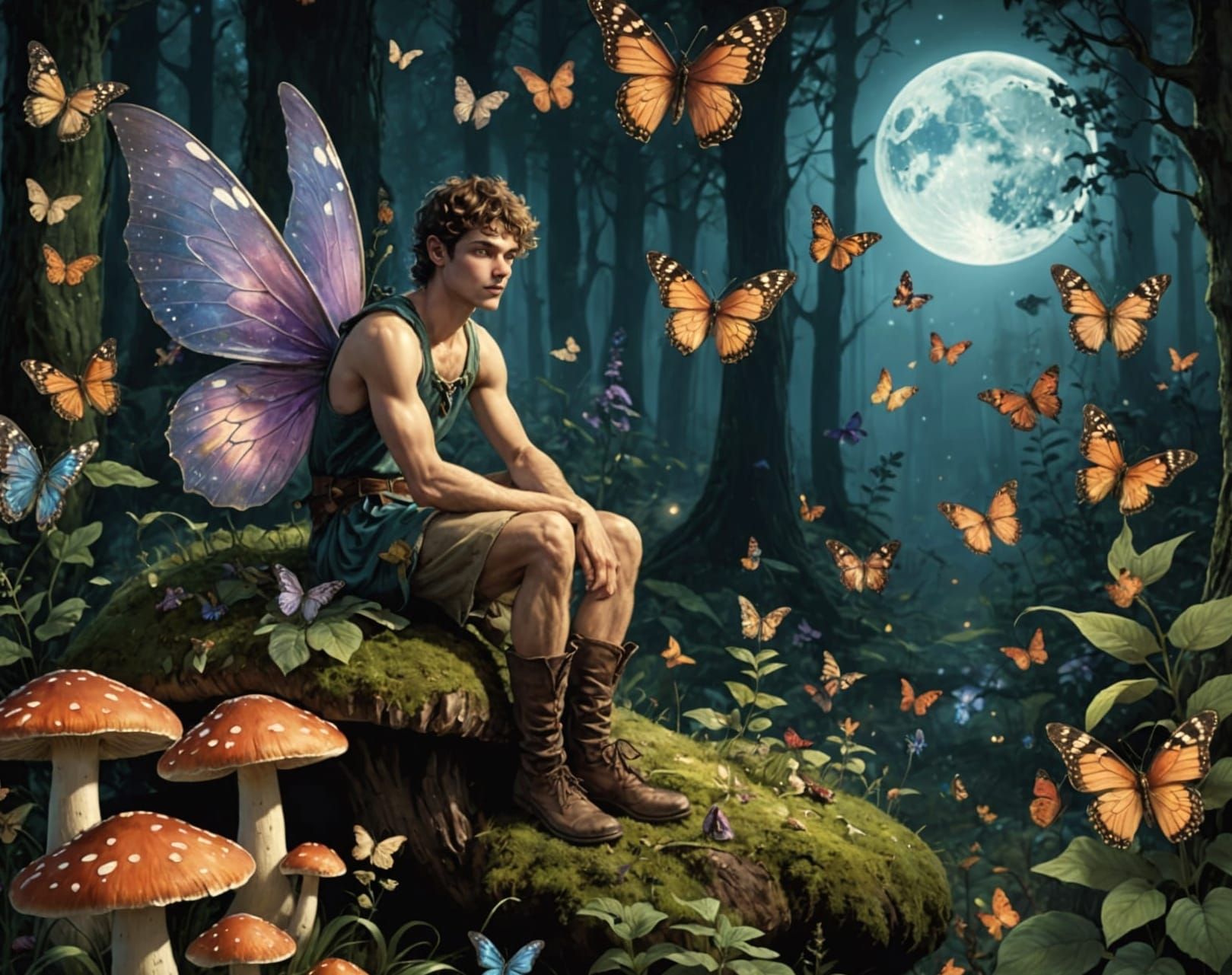 A male Fairy, surrounded by Butterflies