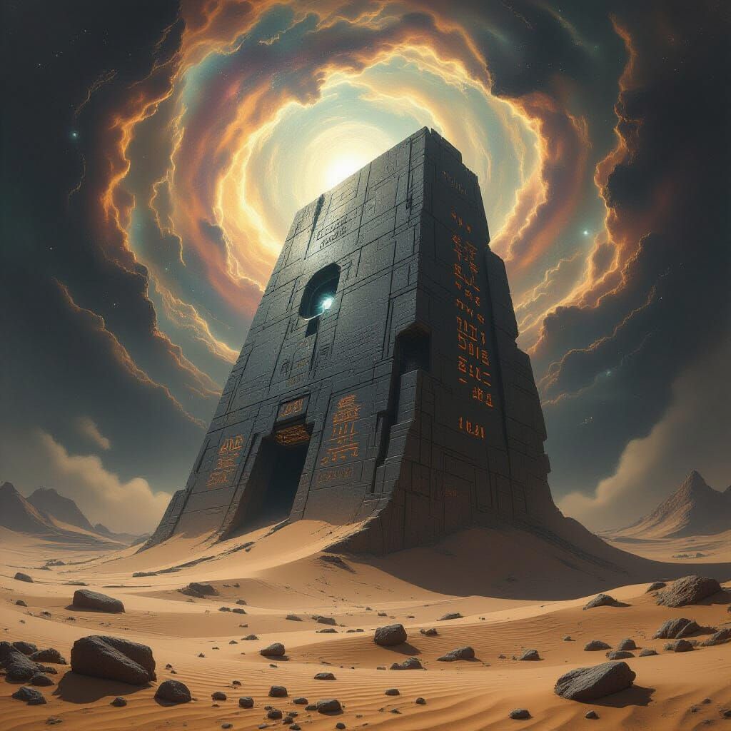 An ancient, colossal alien structure, half-buried in the shifting sands of a desolate alien planet, its surface etched with incomprehensible...