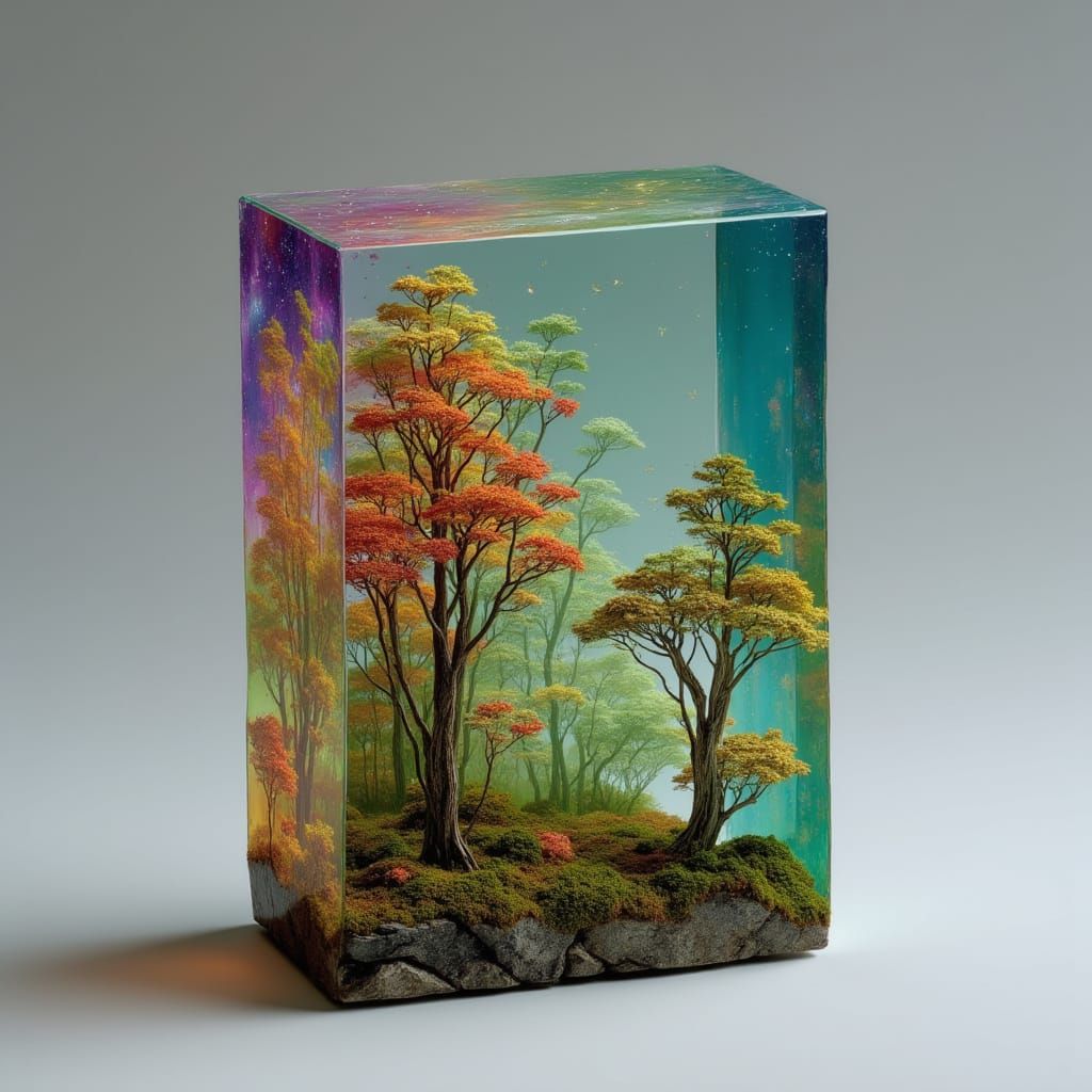 <lora:FerroBlume:1.0> a miniature forest with trees and moss growing inside an illuminated resin block, showcasing the beauty of nature in a...