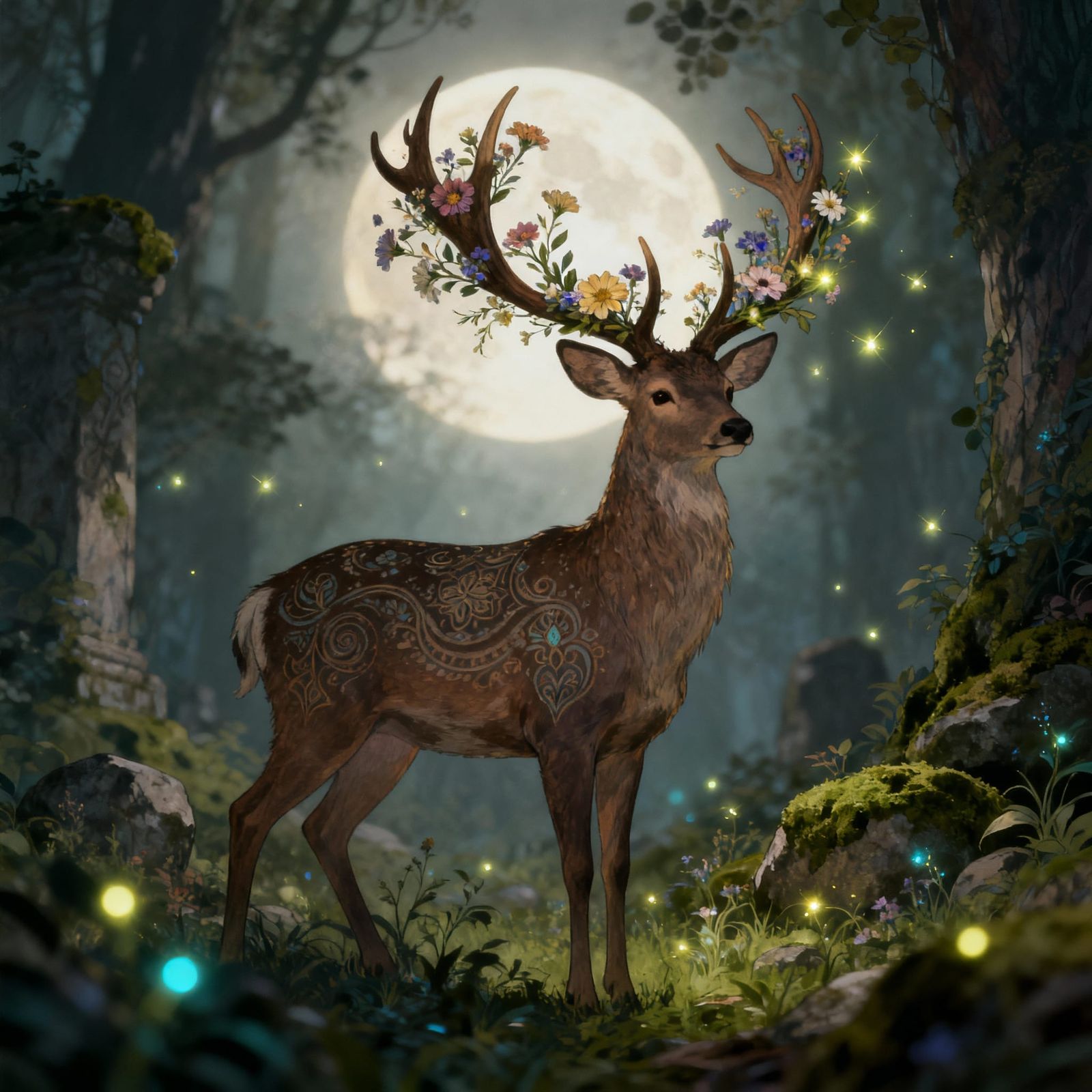 A majestic stag with antlers adorned with delicate wildflowers and glowing fireflies, standing in a moonlit ...  by @Meulders