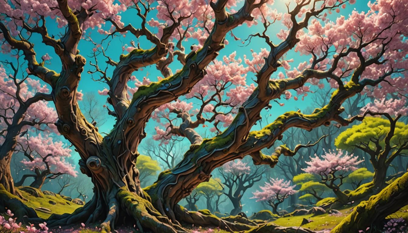 Old tree in a forest full of cherry blossoms, atmospheric, highly detailed and intricate, hyper realistic, ...  by @Acerbinky