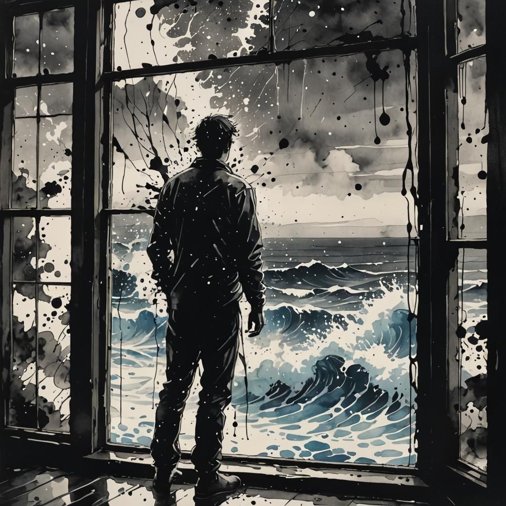 Ink splatters form a figure by a window, gazing at wild ocean waves.  by @ZoinMihailo