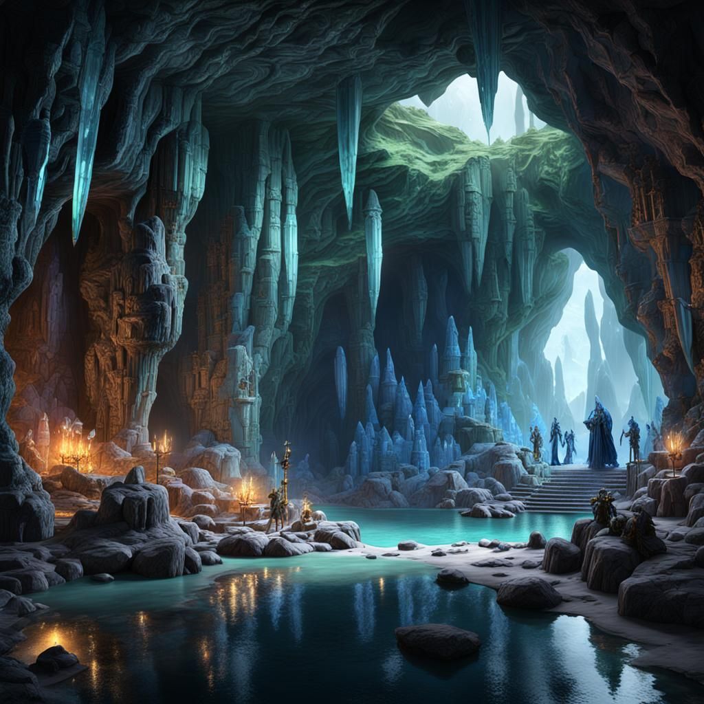 a vast cave, with several glass statues, crystals on the cave wall - AI ...