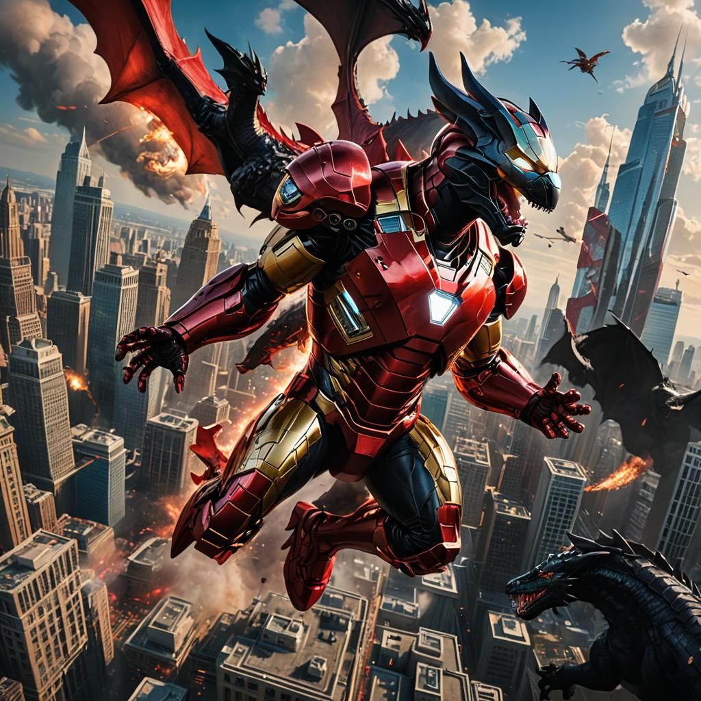 image of a Iron Man Tony Stark in red armor flying in the sk...