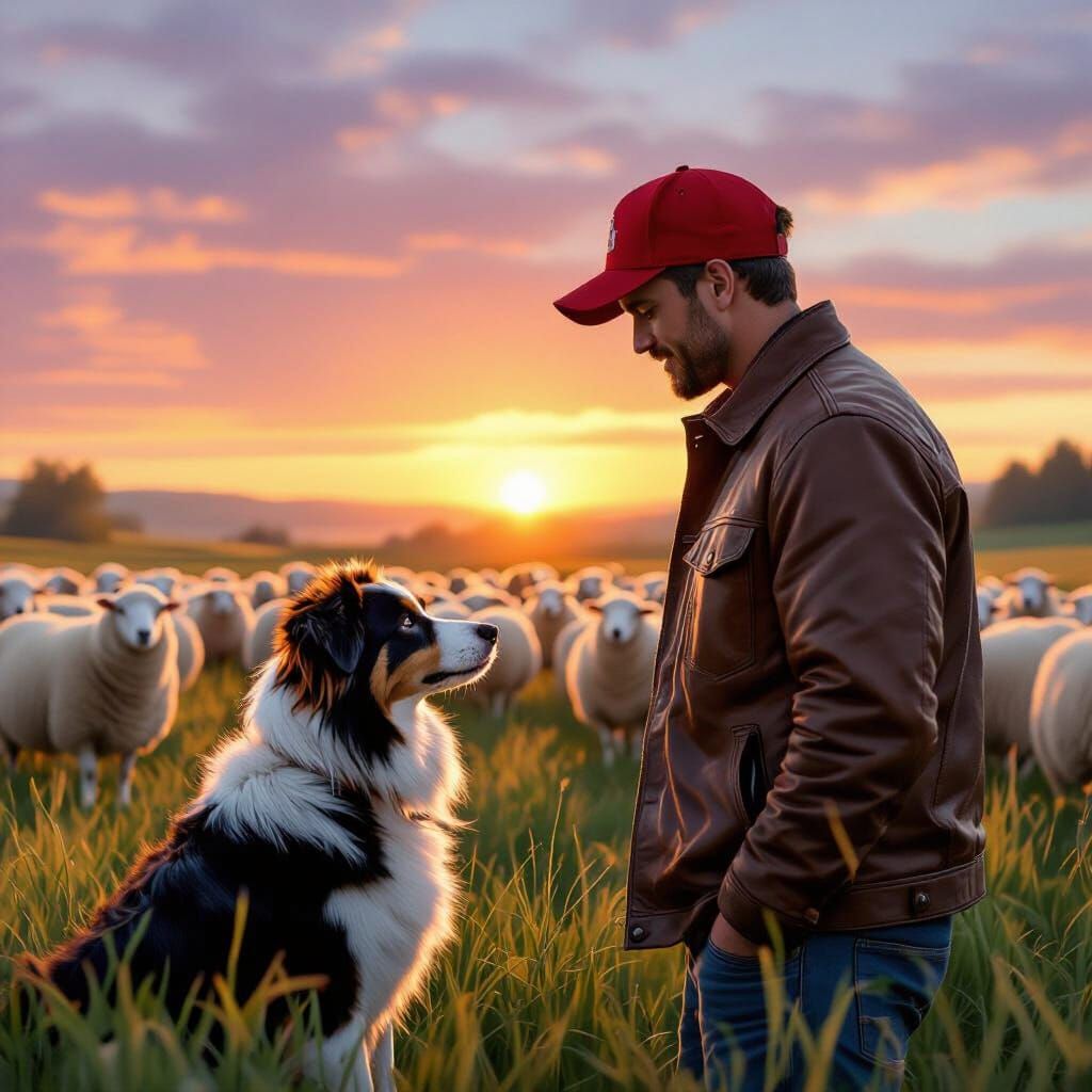 A man wearing  a cap and jacket looking down at his border collie who is also looking him , behind him a herd of sheep following at sun rise...
