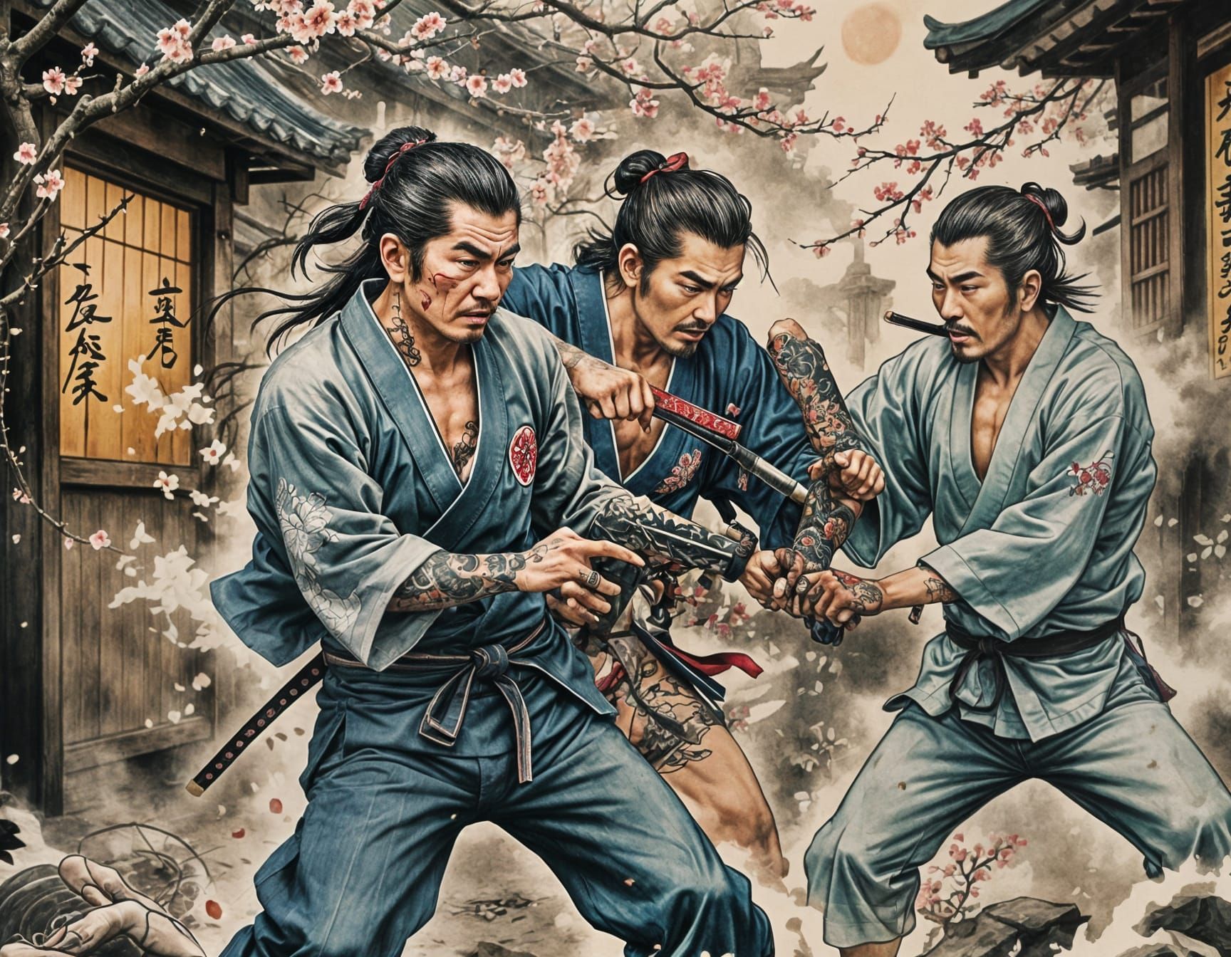 Traditional Japanese tattoo art of two fighting yakuza in style of traditional Japanese tattoo