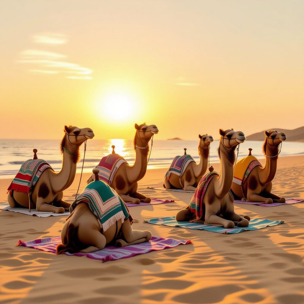 Camels in Yoga Poses on Desert Beach at Sunset