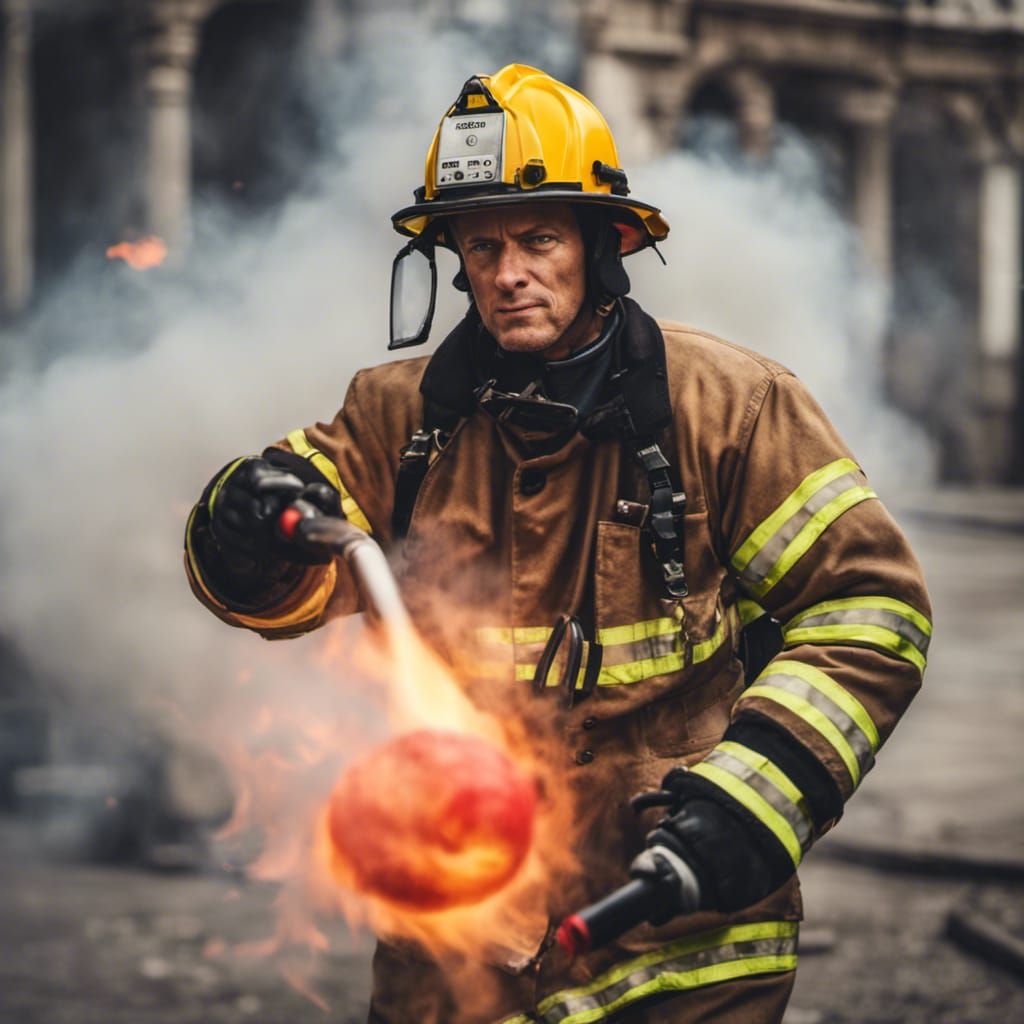 fireman, fighting,  flame with a  fire extinguisher
