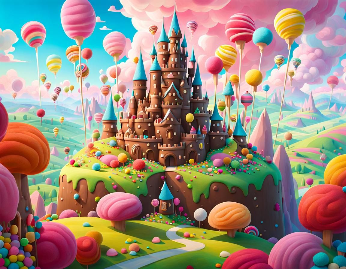 Chocolate castle in a sweet landscape AI Generated Artwork