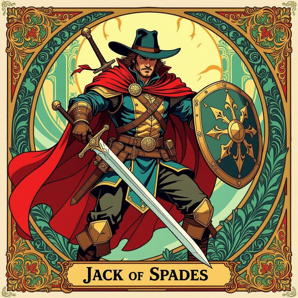 A Jack of Spades illustrated as a heroic adventurer  by @Katlena