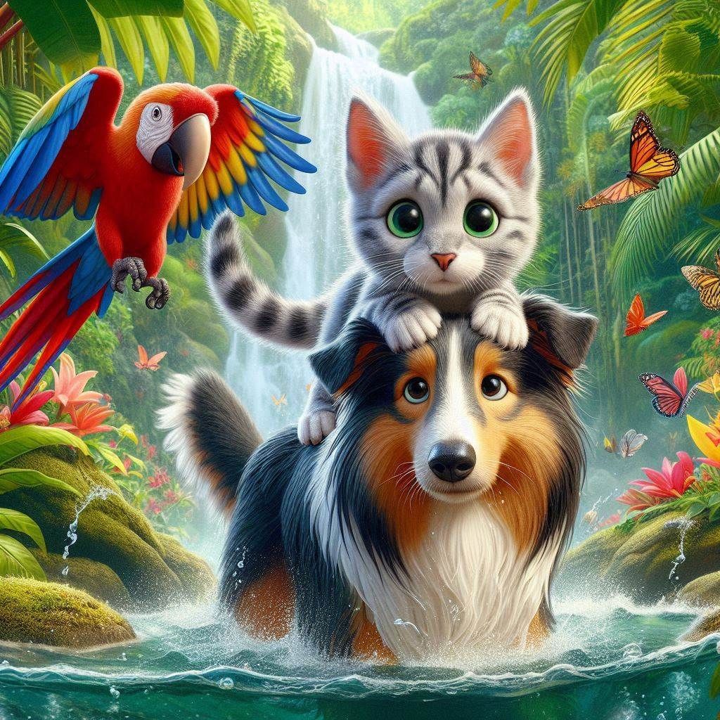 Benji sheltie and Sasha Scat cat in the Amazon rainforest - AI ...