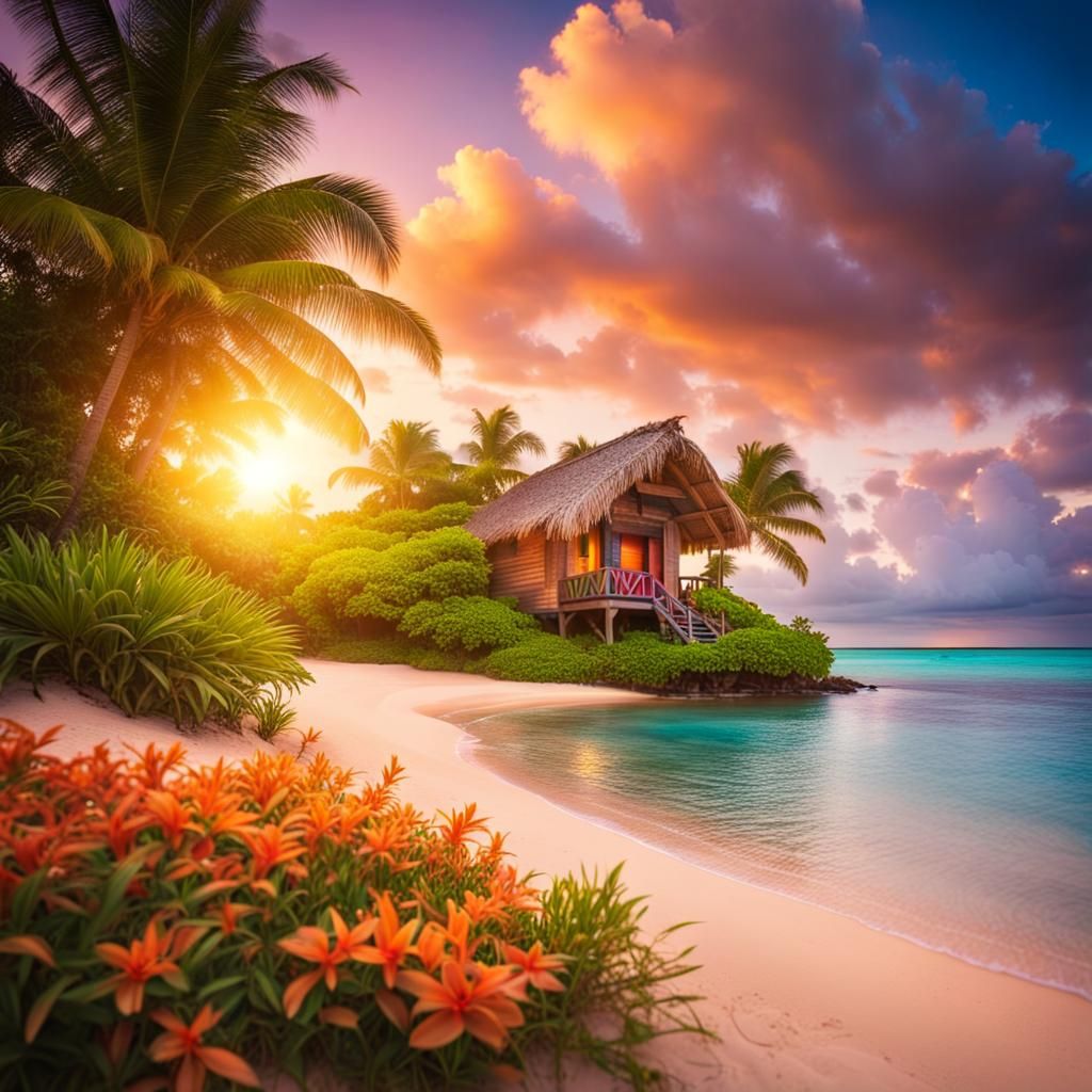 A little grass shack on the beach on a secluded tropical island paradise at vibrantly colorful  sunset ...  by @Leland Lewis