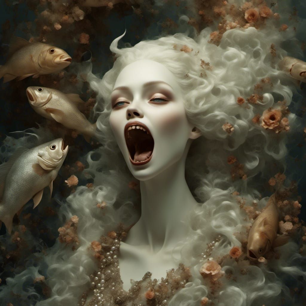 Portrait of a woman evolving into a butterfly. Butterfly Wings are breaking through her skin. She has insect antenna. Her skin is white, fra...