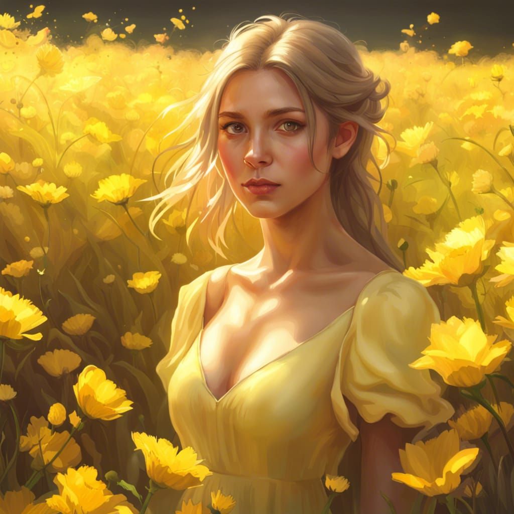 A girl in a light yellow dress in a field of flowers