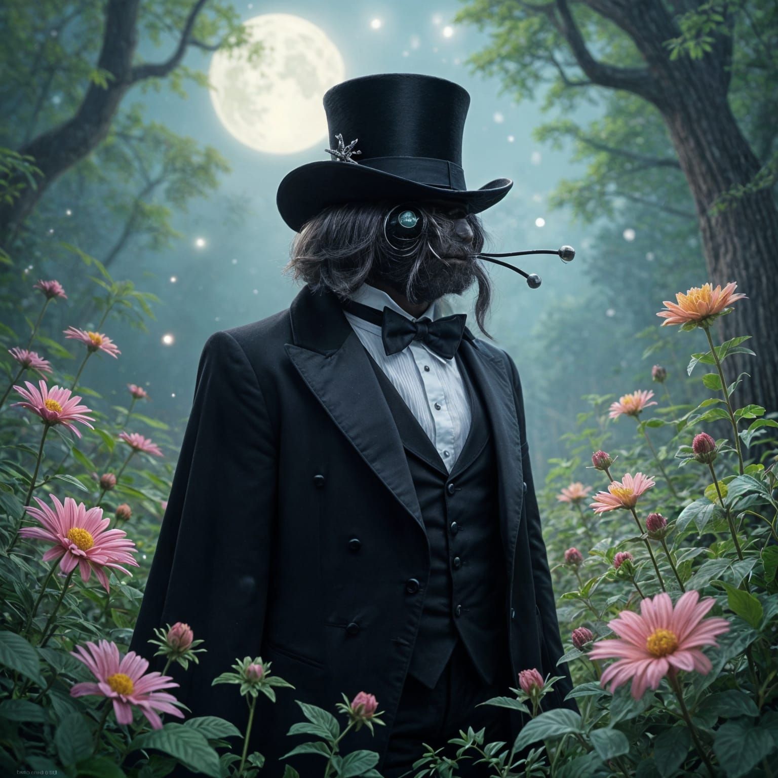 A June bug wearing a top hat and a tuxedo style coat. Standing in a fairy forest under moonlight and stars at night.