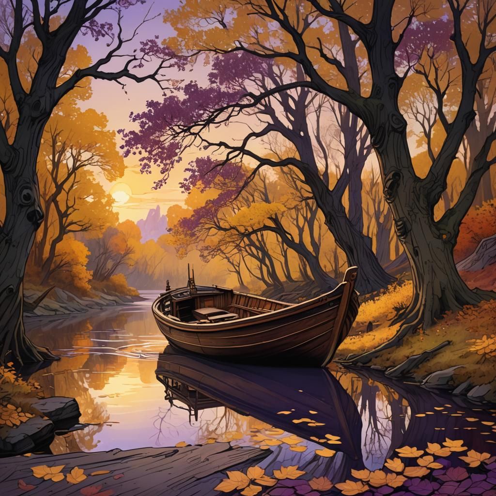 a yellow river that winds far away, on the banks grow trees ...