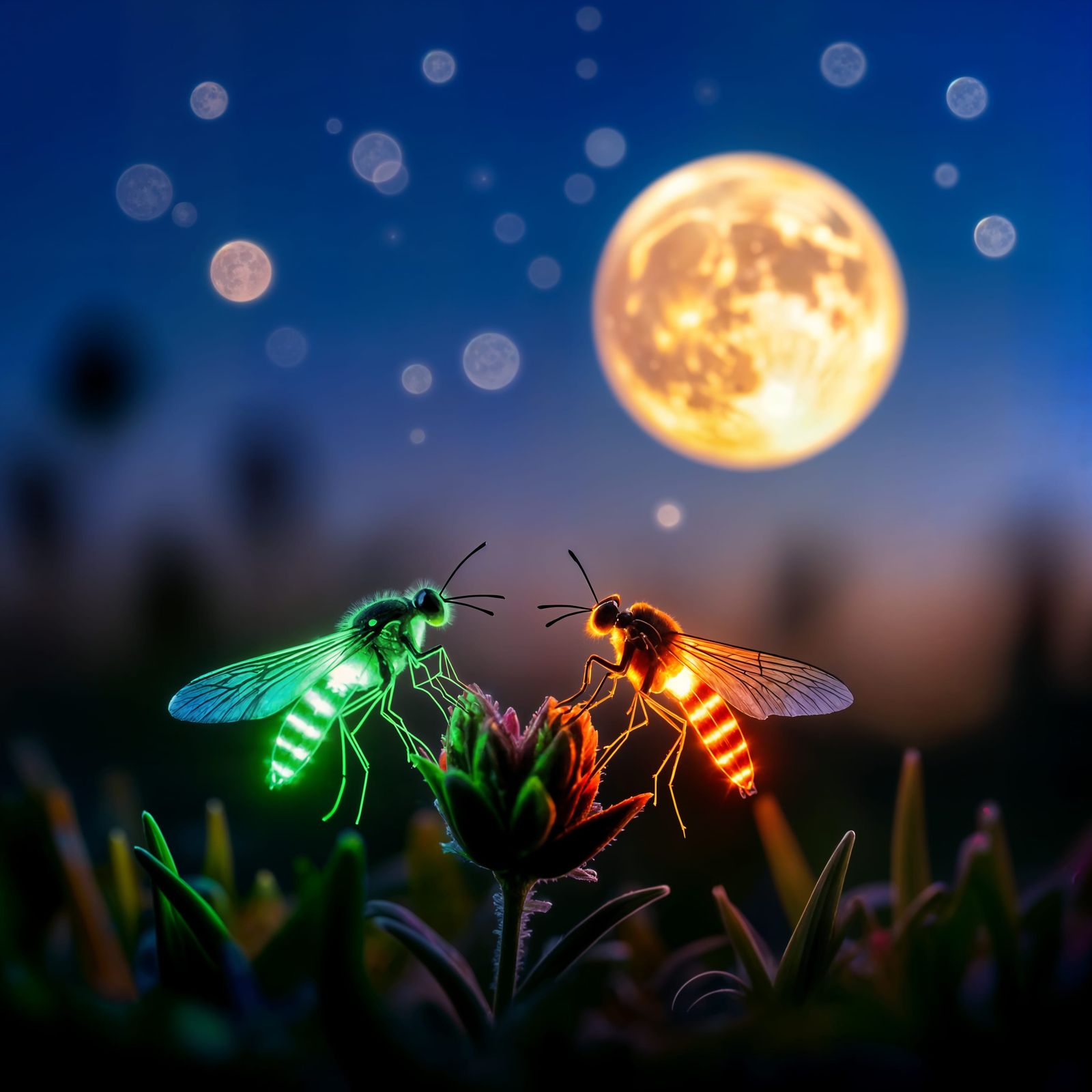 Macro photography of two delicate glowing fireflies meeting on a grass herb at midnight. One has its ...  by @Kynes