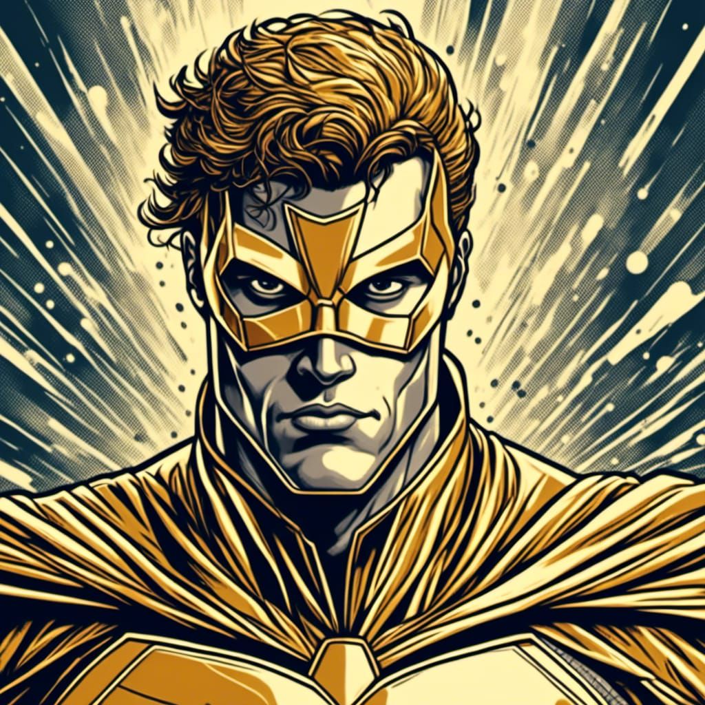  <lora:Comic Style:1.0> Potrait of a Superhero Man in a golden outfit