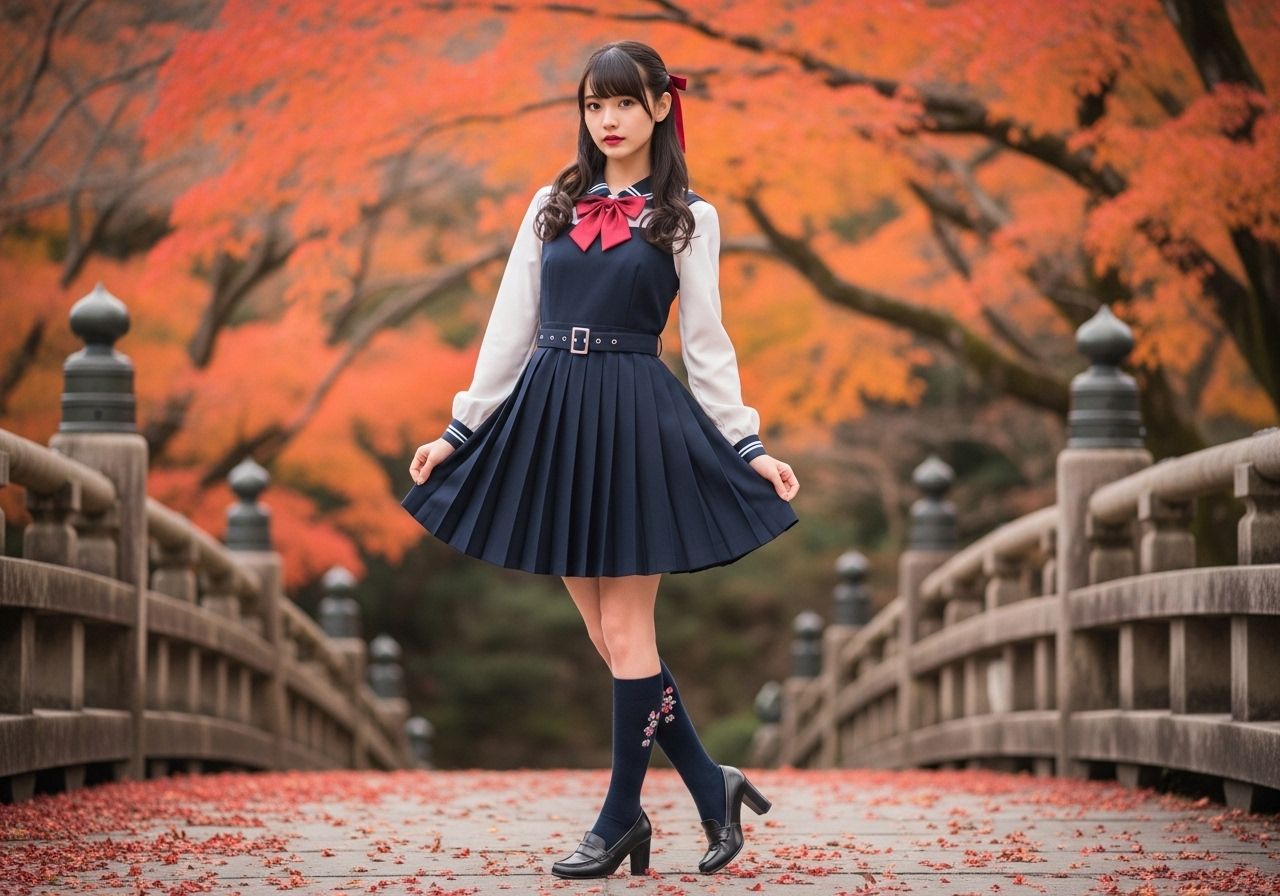 Kaori at Togetsukyo Bridge in Arashiyama with Autumn maple l...