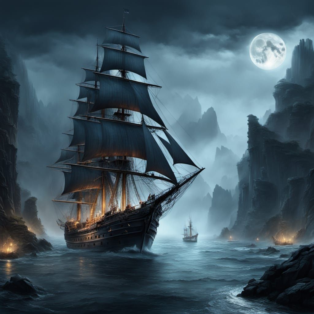 A ship sailing on fog-shrouded waters near jagged cliffs. 