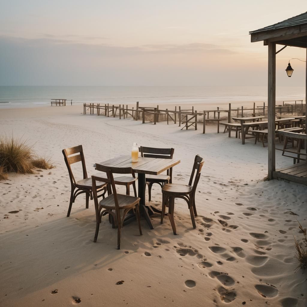 Seaside Cafe at Sunrise: A Cinematic Film Still